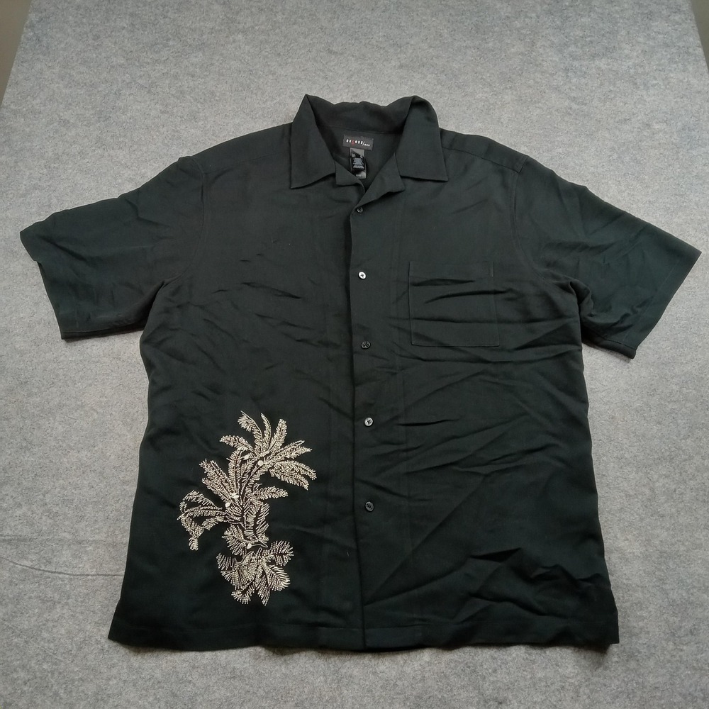 Axcess Shirt Mens XL Black Embroidered Palm Camp Hawaiian Button Front Casual